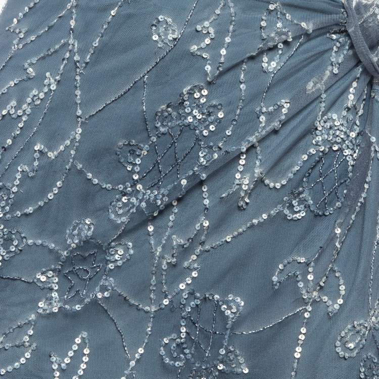 Pre Owned Polo Ralph Lauren Grey Sequin Embroidered Tulle Midi Skirt L