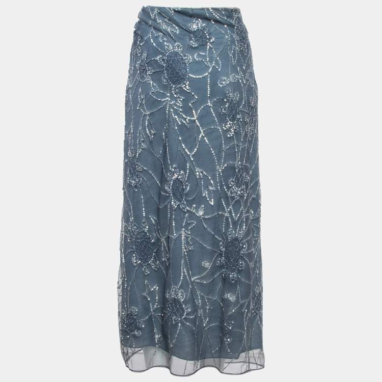 Pre Owned Polo Ralph Lauren Grey Sequin Embroidered Tulle Midi Skirt L