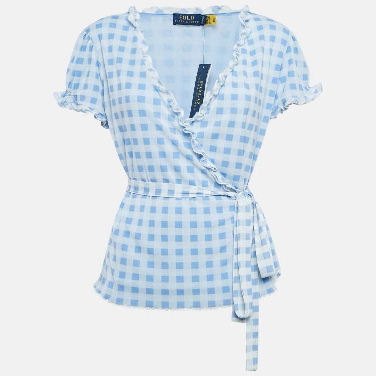 Pre Owned Polo Ralph Lauren Blue Checks Print Jersey Wrap-Around Ruffled Top L