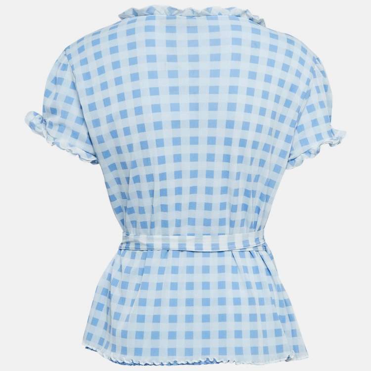 Pre Owned Polo Ralph Lauren Blue Checks Print Jersey Wrap-Around Ruffled Top L