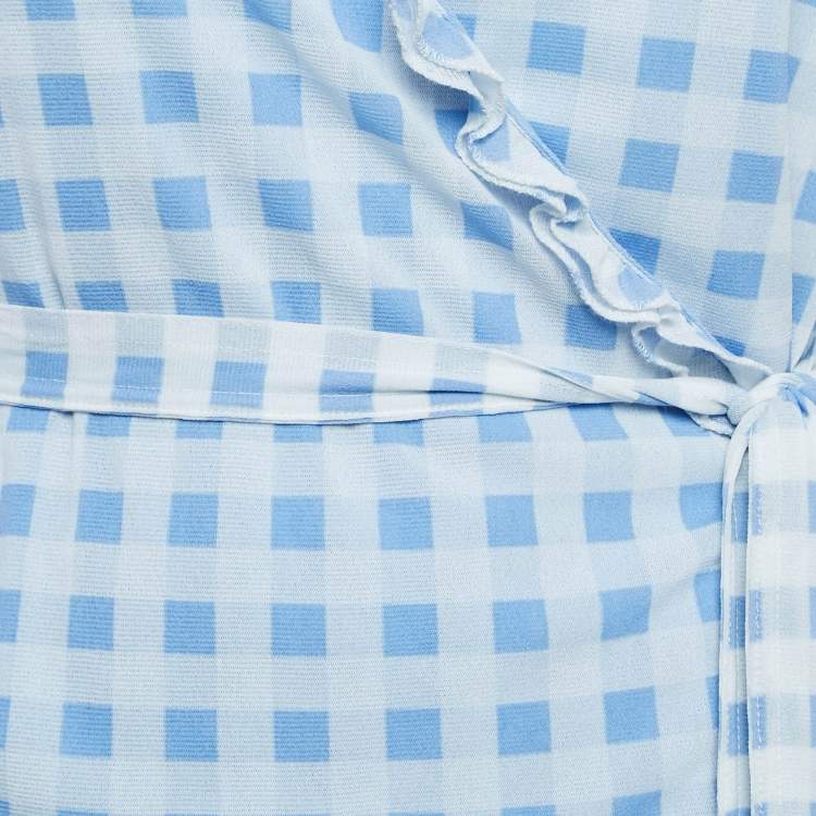 Pre Owned Polo Ralph Lauren Blue Checks Print Jersey Wrap-Around Ruffled Top L