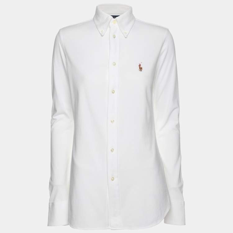 Pre Owned Polo Ralph Lauren White Knit Cotton Button Front Oxford Shirt S