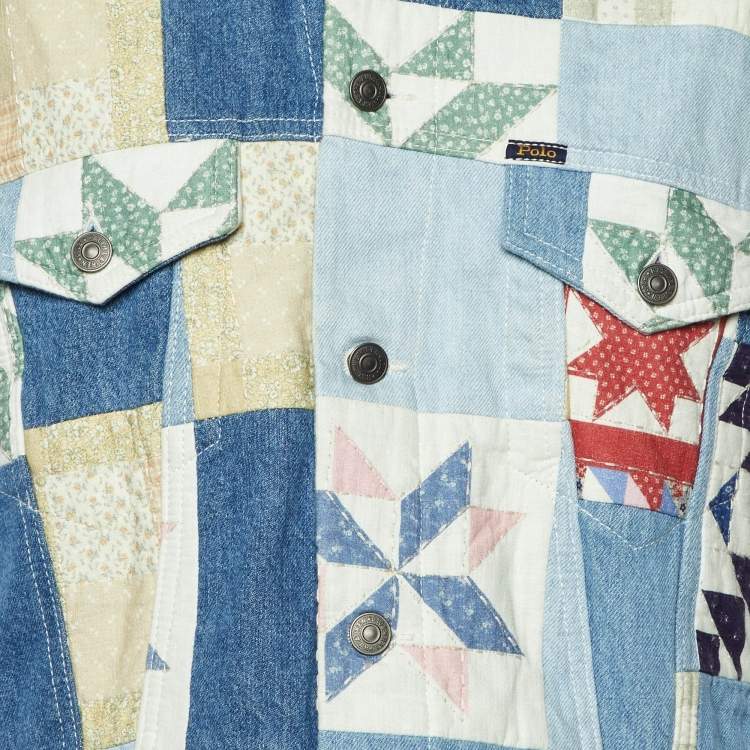 Pre Owned Polo Ralph Lauren Blue Patchwork Denim Trucker Jacket M