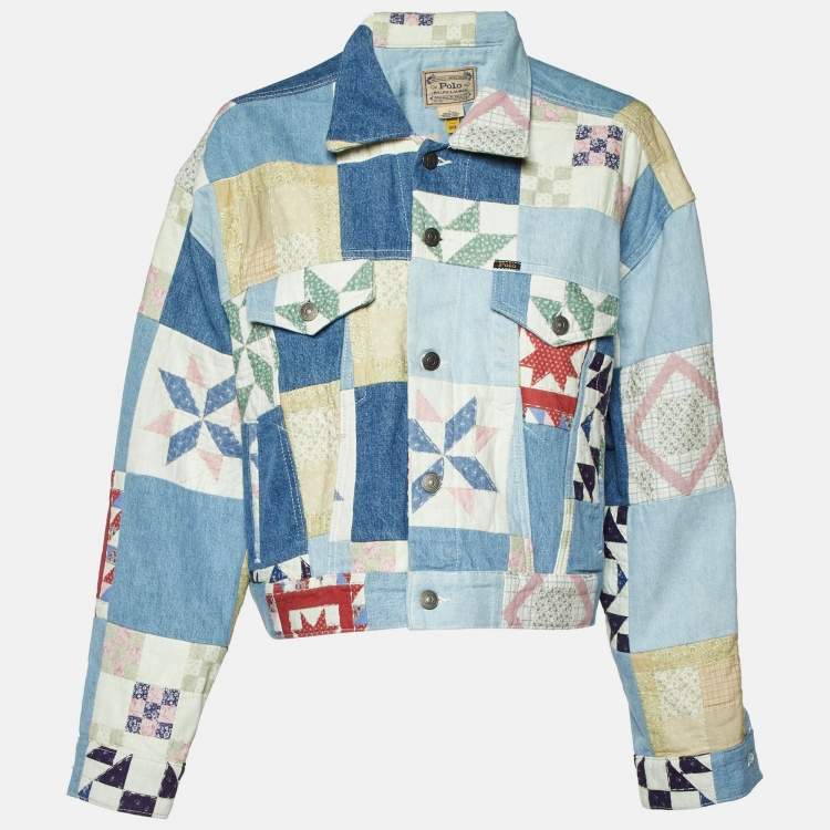 Pre Owned Polo Ralph Lauren Blue Patchwork Denim Trucker Jacket M