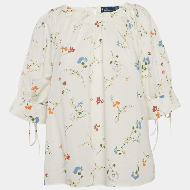 Pre Owned Polo Ralph Lauren White Floral Print Cotton Top M