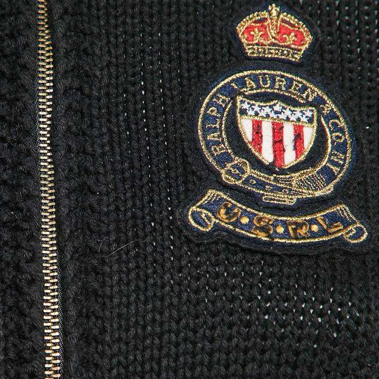 Pre Owned Polo Ralph Lauren Black Cotton Logo Applique Zip-Up Cardigan S