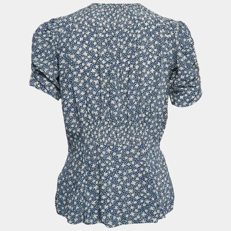 Pre Owned Polo Ralph Lauren Blue Floral Crepe Smocked Blouse M