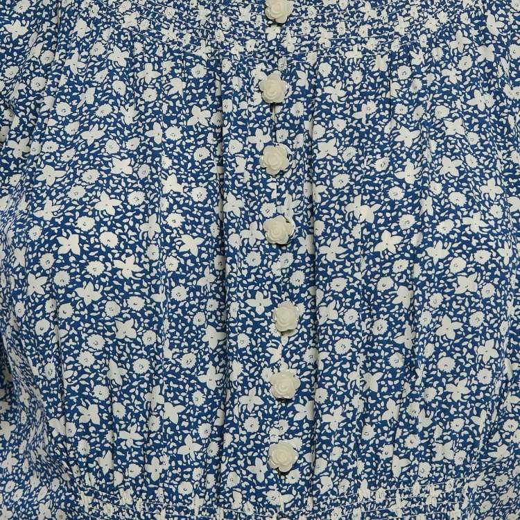 Pre Owned Polo Ralph Lauren Blue Floral Crepe Smocked Blouse M