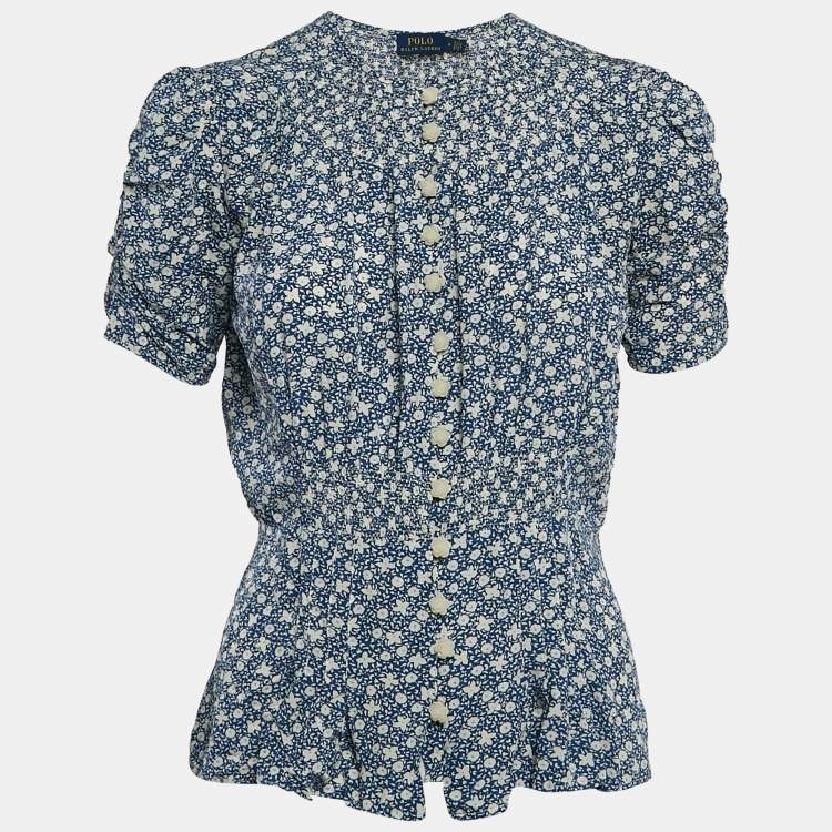 Pre Owned Polo Ralph Lauren Blue Floral Crepe Smocked Blouse M