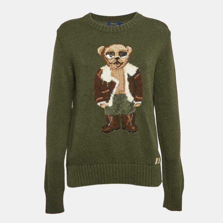 Pre Owned Polo Ralph Lauren Olive Green Bear Intarsia Knit Crew Neck Sweater M