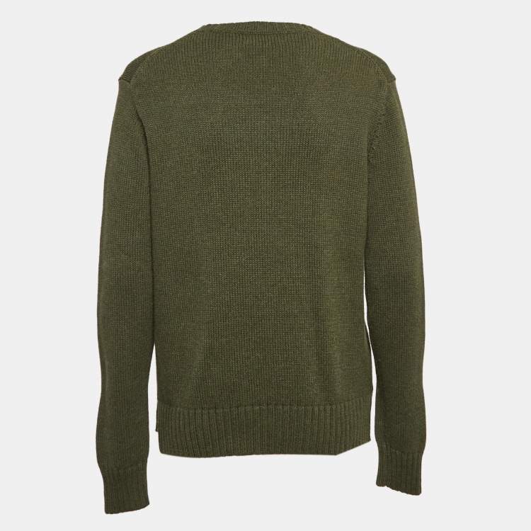 Pre Owned Polo Ralph Lauren Olive Green Bear Intarsia Knit Crew Neck Sweater M