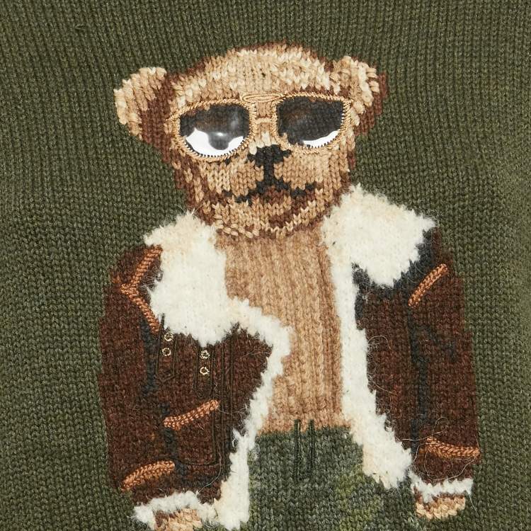 Pre Owned Polo Ralph Lauren Olive Green Bear Intarsia Knit Crew Neck Sweater M