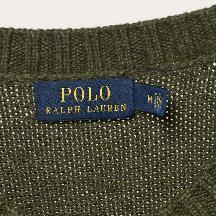 Pre Owned Polo Ralph Lauren Olive Green Bear Intarsia Knit Crew Neck Sweater M
