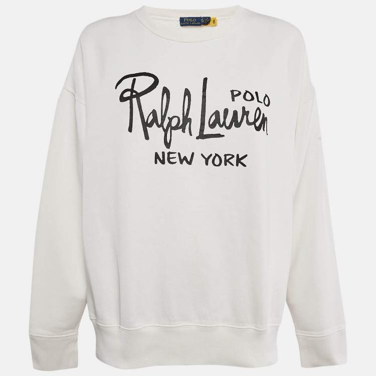 Pre Owned Polo Ralph Lauren White Logo Print Cotton Crew Neck Sweatshirt XL