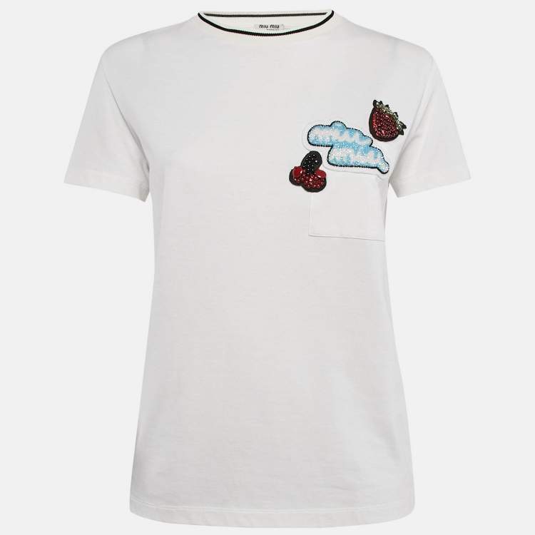 Pre Owned Miu Miu White Embellished Cotton Crew Neck T-Shirt M