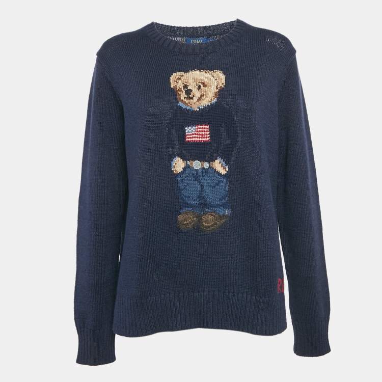 Pre Owned Polo Ralph Lauren Blue Bear Intarsia Cotton Knit Sweater L 