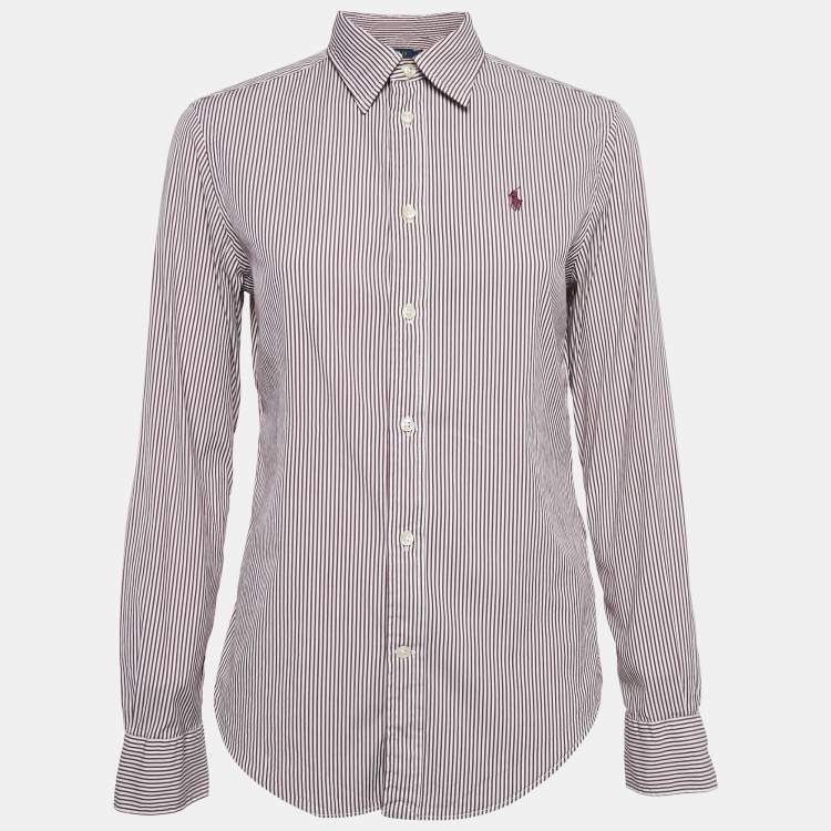 Pre Owned Polo Ralph Lauren Burgundy Stripe Cotton Button Front Shirt M