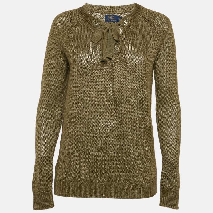 Pre Owned Polo Ralph Lauren Green Linen Rib Knit Lace-Up Sheer Sweater S