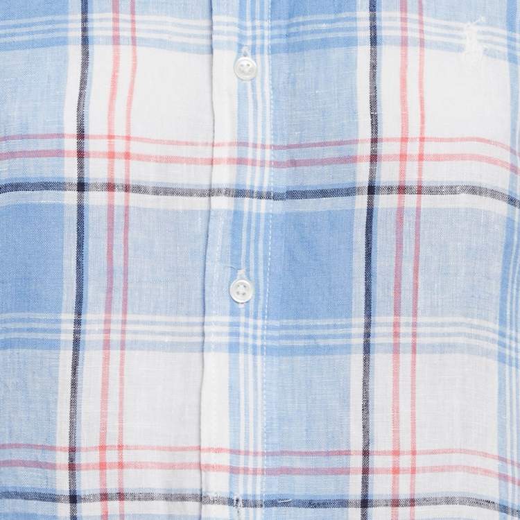 Pre Owned Polo Ralph Lauren Plaid Blue Linen Button Front Shirt M