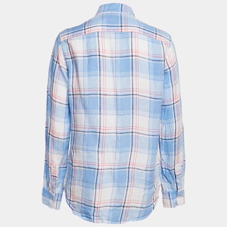 Pre Owned Polo Ralph Lauren Plaid Blue Linen Button Front Shirt M