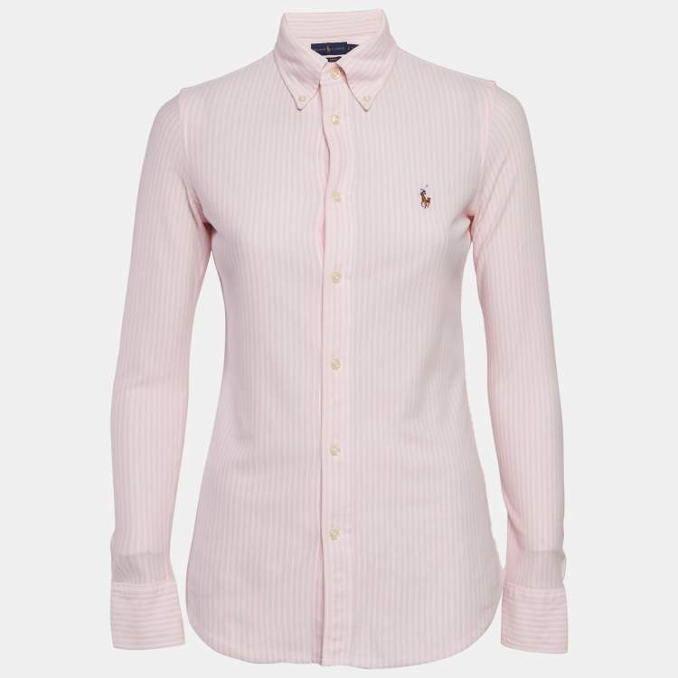 Pre Owned Polo Ralph Lauren Pink Stripe Cotton Knit Button Front Shirt S