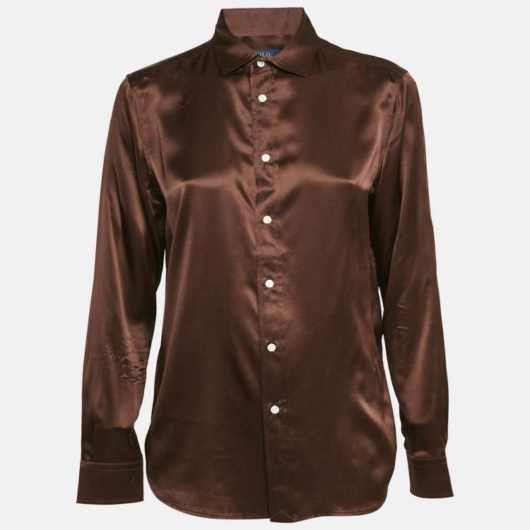 Pre Owned Polo Ralph Lauren Brown Satin Silk Button Front Shirt M