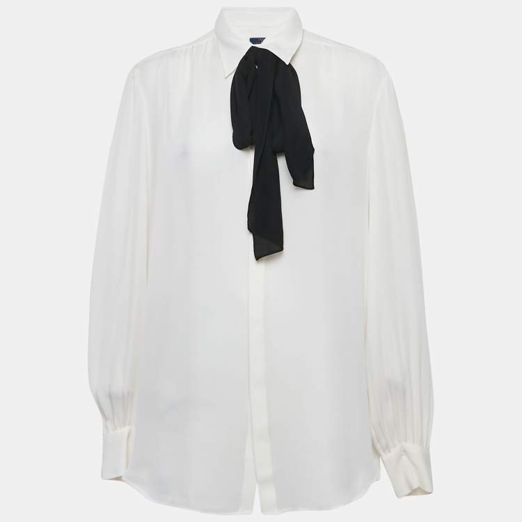 Pre Owned Polo Ralph Lauren Off-White Crepe Neck Tie-Up Button Front Blouse XL