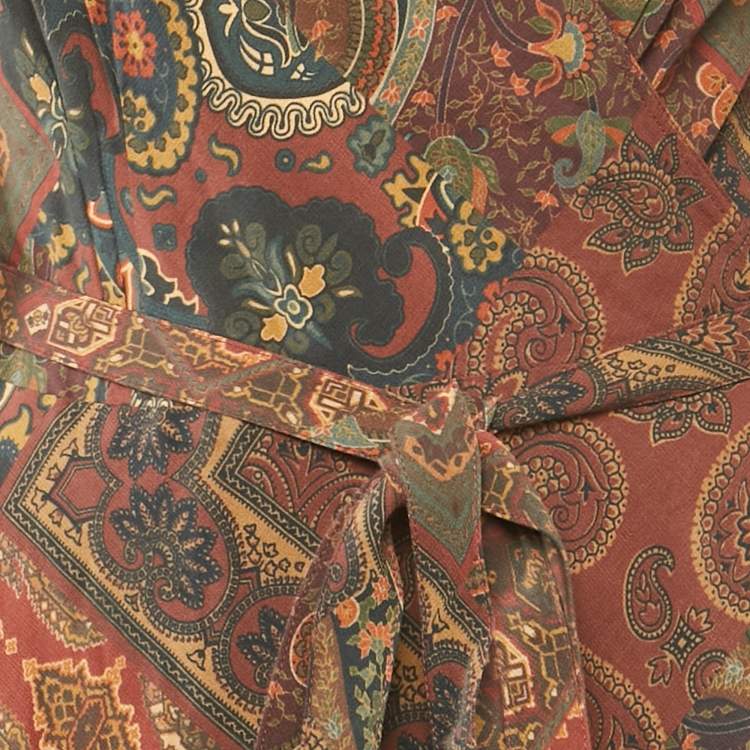 Pre Owned Polo Ralph Lauren Multicolor Printed Cotton Flounce Midi Wrap Dress M