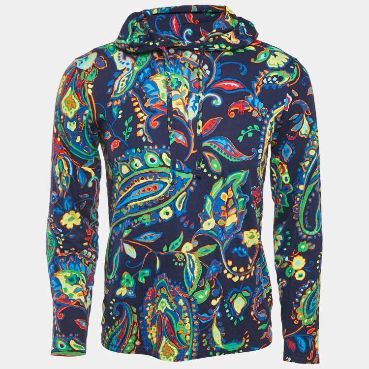 Pre Owned Polo Ralph Lauren Navy Blue Printed Cotton Knit Hoodie XS