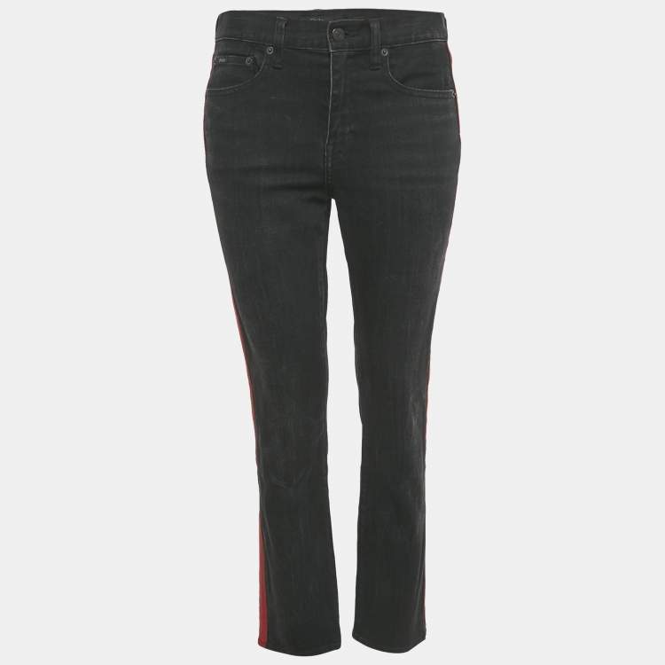 Pre Owned Polo Ralph Lauren Black/Red Side Stripe Denim Jeans M Waist 30"