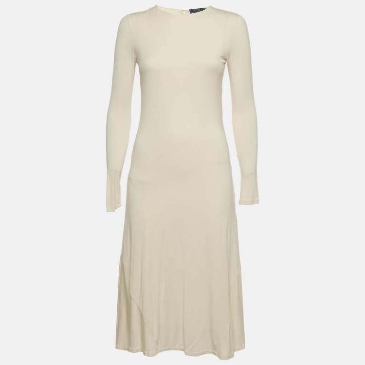 Pre Owned Polo Ralph Lauren Off-White Jersey Long Sleeve Midi Dress S
