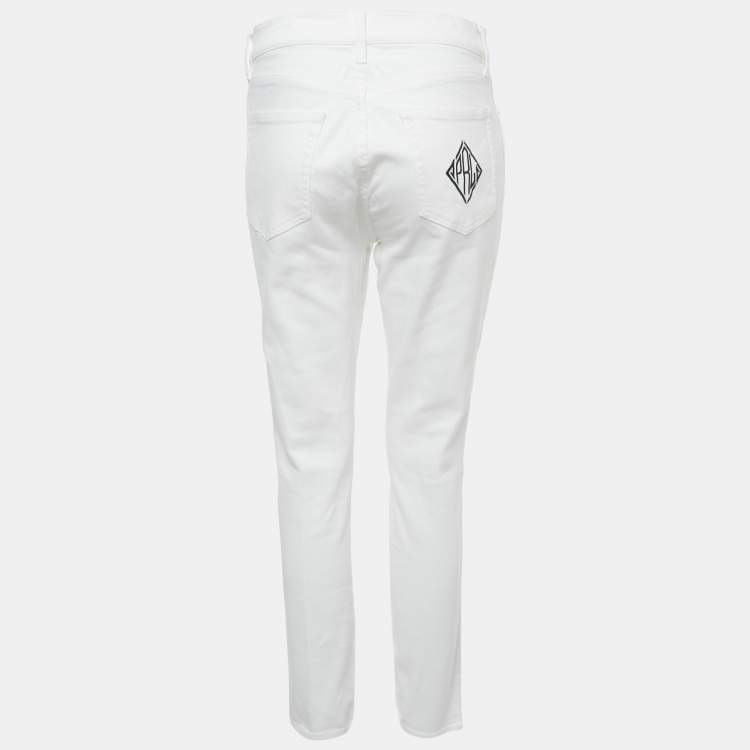 Pre Owned Polo Ralph Lauren White Embroidered Denim Tompkins Skinny Jeans M Waist 29"