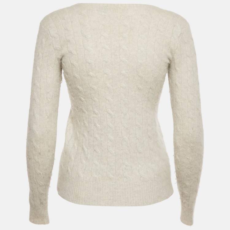 Pre Owned Polo Ralph Lauren Off-White Cable Knit V-Neck Sweater XS