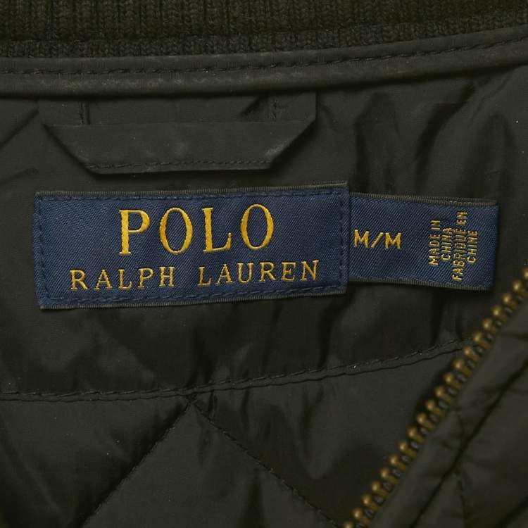 Pre Owned Polo Ralph Lauren Black Embroidered Nylon Leather Trim Quilted Vest M