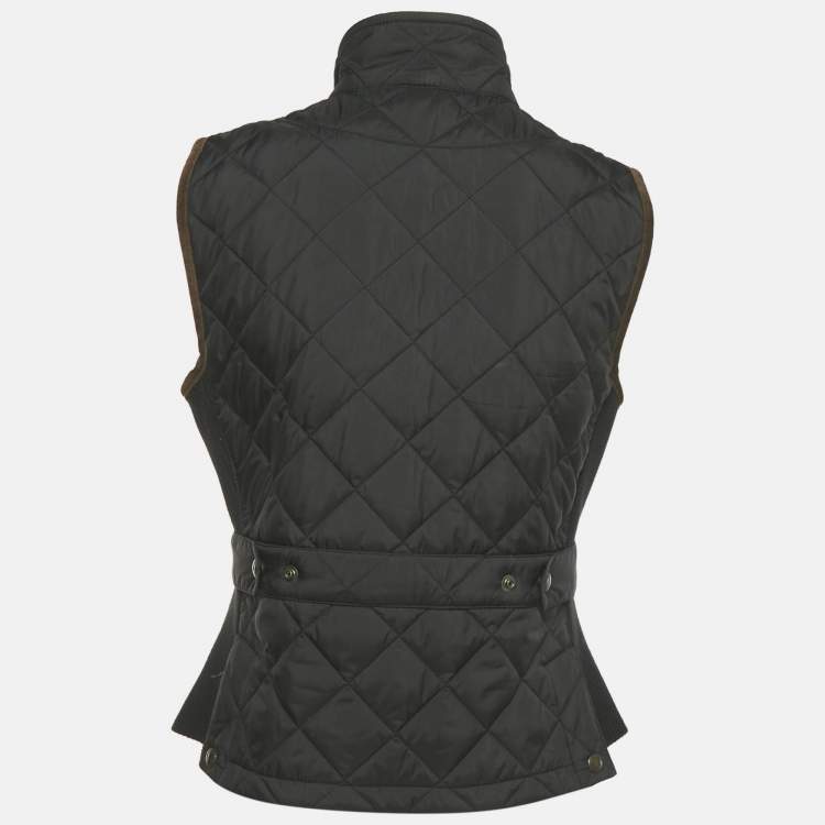 Pre Owned Polo Ralph Lauren Black Embroidered Nylon Leather Trim Quilted Vest M