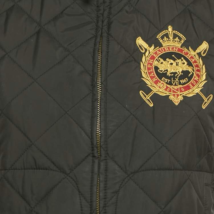 Pre Owned Polo Ralph Lauren Black Embroidered Nylon Leather Trim Quilted Vest M