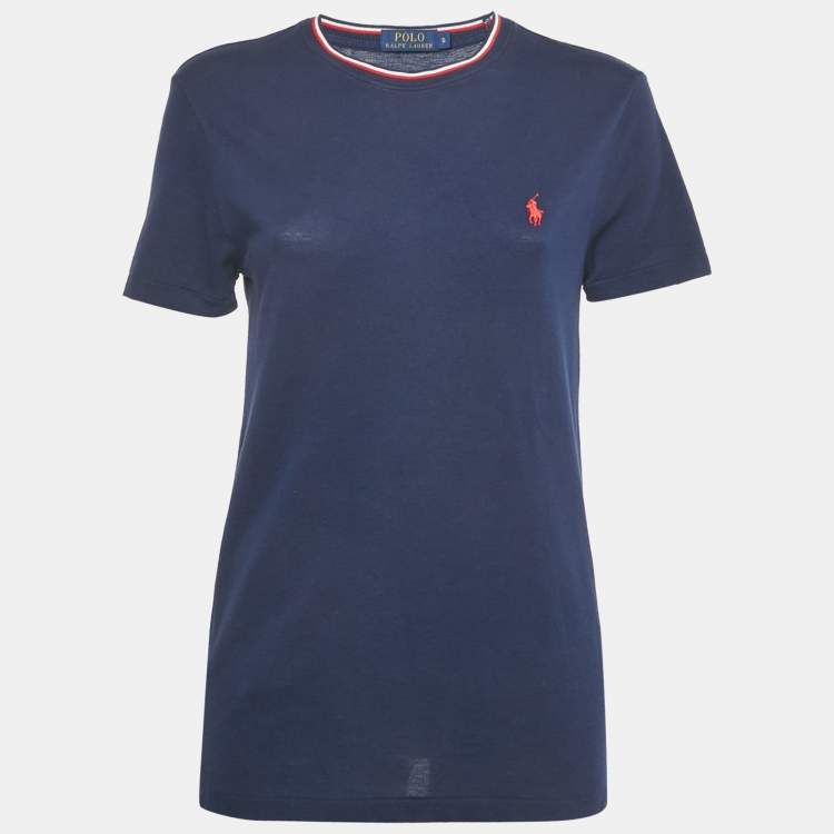 Pre Owned Polo Ralph Lauren Navy Blue Logo Embroidered Cotton Crewneck T-Shirt S