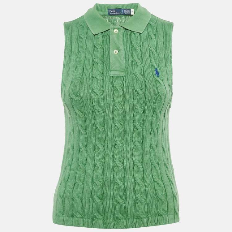 Pre Owned Polo Ralph Lauren Green Cable Knit Cropped Polo Sleeveless Shirt S