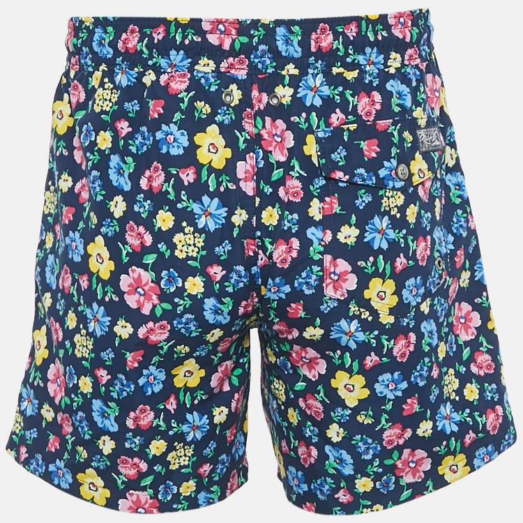 Pre Owned Polo Ralph Lauren Navy Blue Floral Print Synthetic Swimwear Shorts S