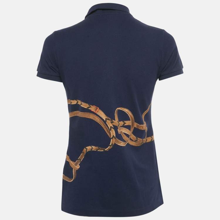 Pre Owned Ralph Lauren Navy Blue Belt Chain Print Cotton Skinny Polo T-Shirt S