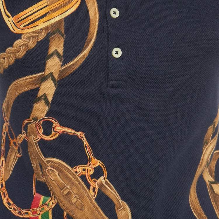 Pre Owned Ralph Lauren Navy Blue Belt Chain Print Cotton Skinny Polo T-Shirt S