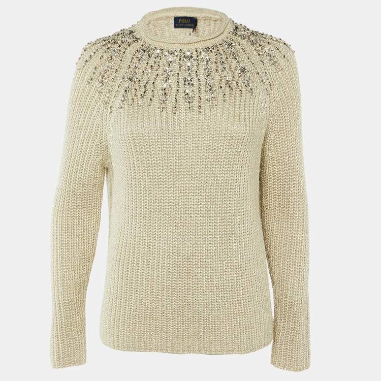 Pre Owned Polo Ralph Lauren Ecru Lurex Knit Embellished Jumper S
