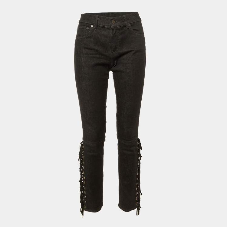 Pre Owned Polo Ralph Lauren Black Denim Fringed Skinny Jeans M/Waist 31"