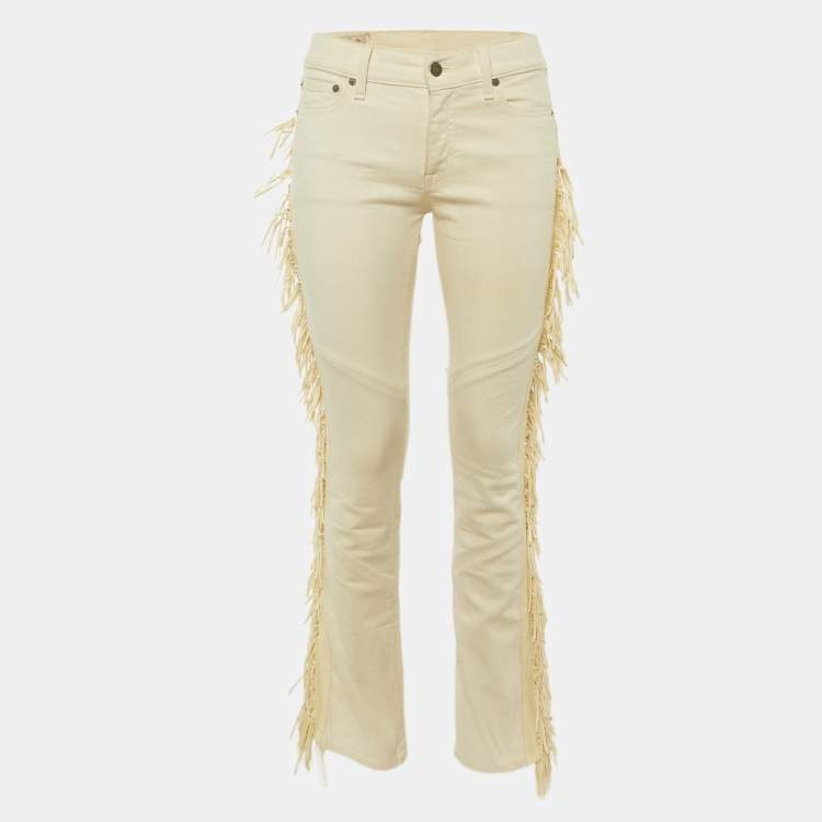 Pre Owned Polo Ralph Lauren Cream Denim Leather Fringed Skinny Jeans M/Waist 31"
