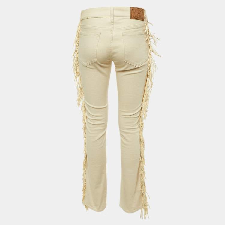 Pre Owned Polo Ralph Lauren Cream Denim Leather Fringed Skinny Jeans M/Waist 31"