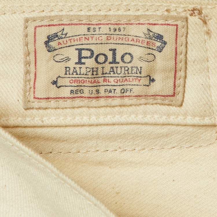 Pre Owned Polo Ralph Lauren Cream Denim Leather Fringed Skinny Jeans M/Waist 31"