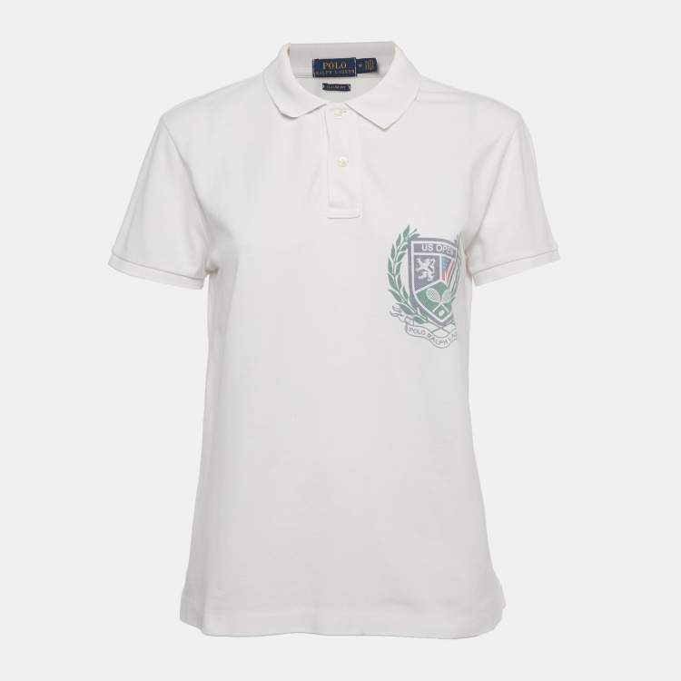 Pre Owned Polo Ralph Lauren White Logo Print Cotton Classic Fit Polo T-Shirt M