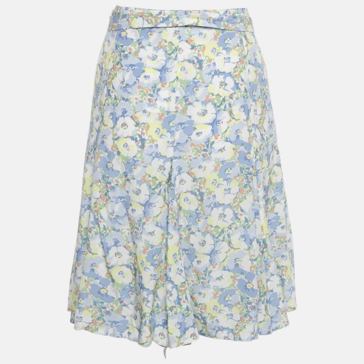 Pre Owned Polo Ralph Lauren Blue/White Floral Print Crepe Wrap Skirt XL