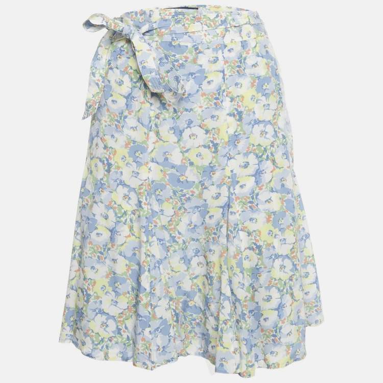 Pre Owned Polo Ralph Lauren Blue/White Floral Print Crepe Wrap Skirt XL