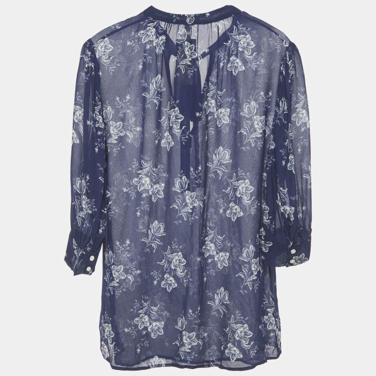 مملوكة مسبقًا Polo Ralph Lauren Blue Floral Print Chiffon Blouse M